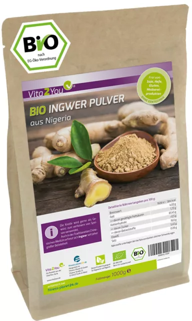 Vita2You Bio Ingwer Pulver 1kg - 100% Ökologischer Anbau - Ingwer gemahlen 1000g