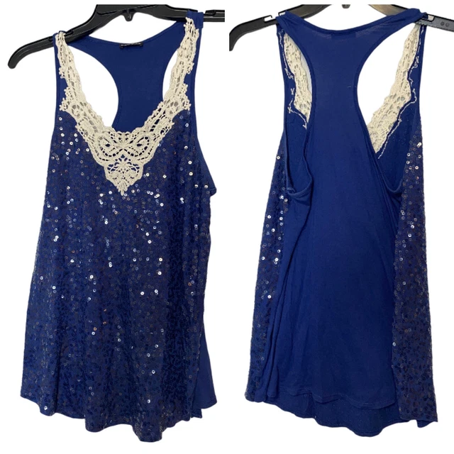 Express Navy Blue Sequin Tank Top White Doilies Neck Size M