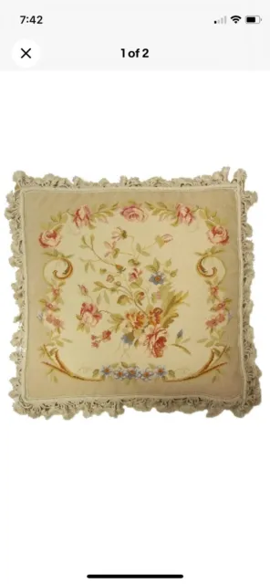 20" x 20" Handmade Wool Needlepoint Roses Aubusson Design Pillow with Tassels