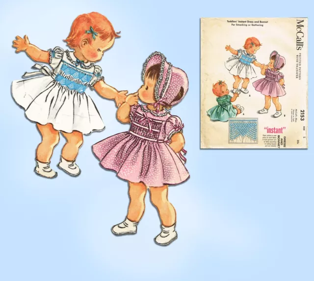 McCalls 2153: 1950s Darling Baby Girls Smocked Dress Sz 2 Vintage Sewing Pattern 2