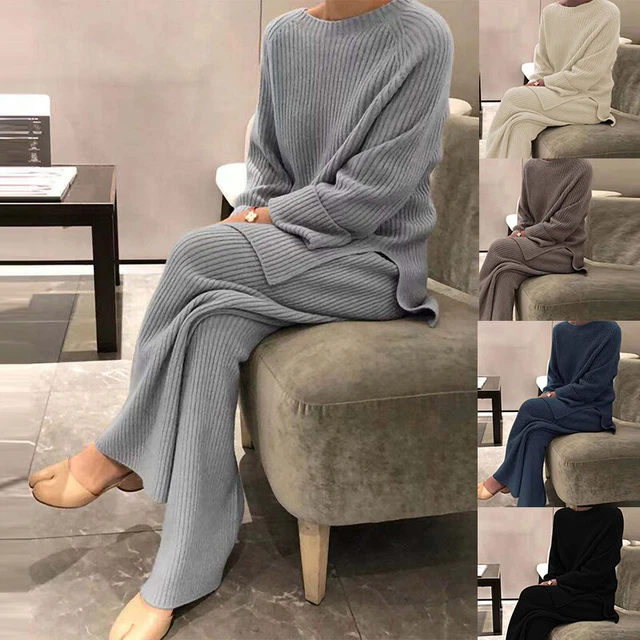 Maglia Maglione Abito Donna Elegante Solido Girocollo Pullover + Gamba Larga