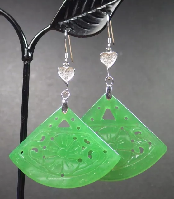 Green 925 Sterling Silver Jade Earring Dangle Fan Lotus Flower Ruyi