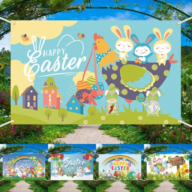 Easter Banner Cartoon Bunny Chicken Eggs Flower Pattern Festival Yard Hot