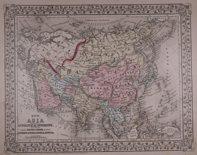 Authentic 1878 Mitchell's Atlas Map ~ ASIA, CHINA, RUSSIA ~ FreeS&H
