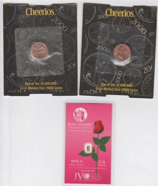 2 CHEERIOS CENTS & ONE 1/4 Grain .999 Fine Gold Bar Fractional Bullion  with COA