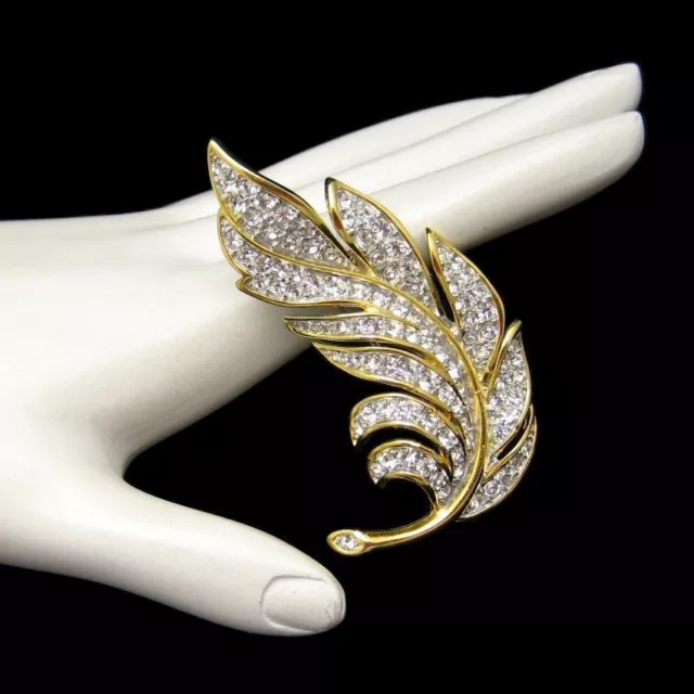 Vintage Rhinestones Large Two Tone Leaf Brooch Pin Sparkling NOS