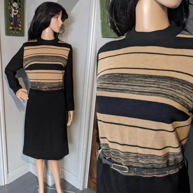 Vintage 60s 70s Wool Stripe Shift Turtleneck Jumper Smart Dress Mod 12 14 40
