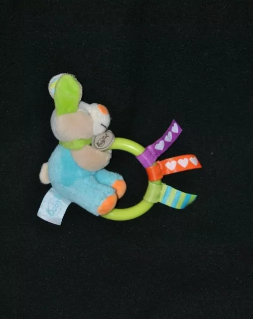 Peluche doudou chien lapin BABY'NAT Zétik't bleu orange vert anneau grelot TTBE