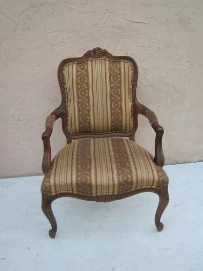 Ethan Allen Arm Carved Wood Side Chair Upholstered Seat