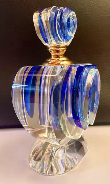 Vintage Large Art Deco Blue Clear Fan Geometric Glass Perfume Bottle & Stopper