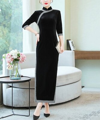 Vicky and Lucas Black Lattice-Trim Mandarin-Collar Velvet Sheath Dress Size XL