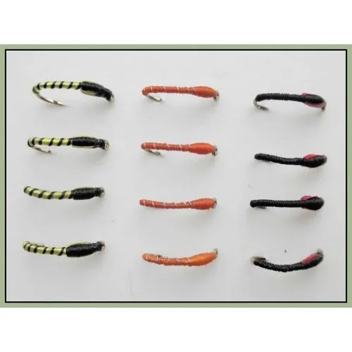 Buzzers, Trout Flies 12 Black Red Cheek, Orange & Tiger Buzzer, Mixed Sizes