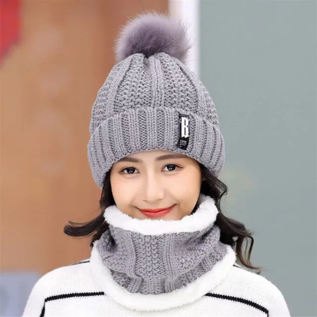 2Pcs Womens Winter Warm Knitted Scarf Beanie Ski Hat Faux Fur Bobble Pom Pom Hat