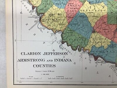 1901 Colored Map Of Clarion, Jefferson, Armstrong & Indiana Counties, PA 27 x 19 2