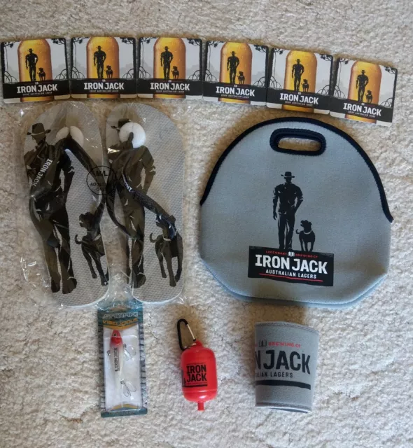 IRON JACK BEER SUMMER PACK THONGS FLOAT STUBBIE HOLDER LURE BAG 6x COASTERS