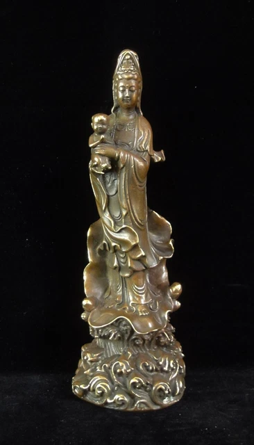 Old Chinese Gilt Bronze "GuanYin" Holding Baby Buddha Statue Marked "QianLong"