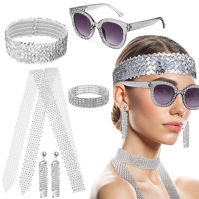 6 stuks jaren 70 disco accessoires, jaren 70 glitter disco kostuum, disco accessoires set dames met pailletten sjaal, zonnebril oorbellen armband en hoofdband, voor carnaval disco party, Kunststof