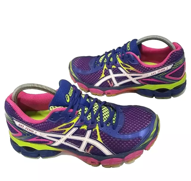 Asics Gel Flux 2 Running Shoes Womens 9 T568Q Purple Pink Lime Green EUC