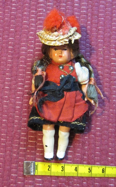 Trachtenpuppe Schwarzwald 1 Pompon fehlt Zöpfe alt 11 cm