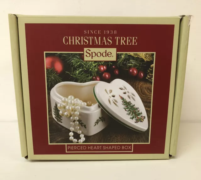 SPODE Christmas Tree Pierced Heart Shaped Porcelain Trinket Jewelry Box w/Lid