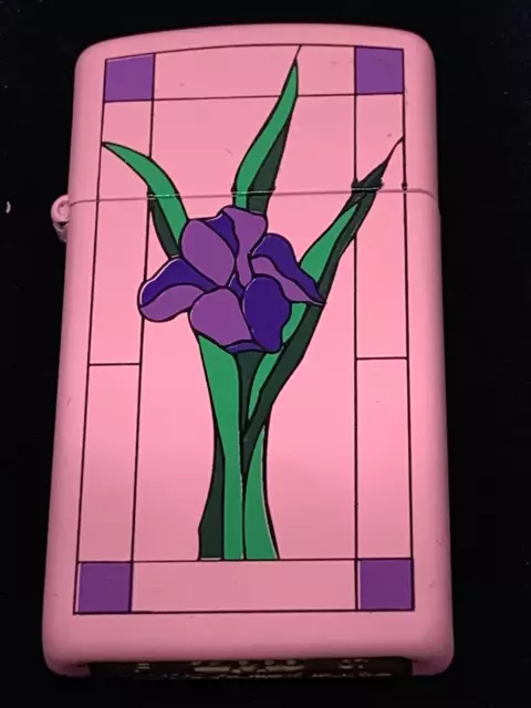 2007 Iris Flowers Pink Slim Zippo Lighter Unfired In Box  F-07 Beautiful!