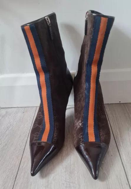 Stivali Gucci taglia 4,5 UK marrone scuro pelle scamosciata Guccissima punta punta alla caviglia cerniera VINTAGE 2