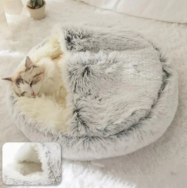 Plush Round Hooded Pet Bed, Warm Dog Bed For Small Dogs, Fluffy Soft Cat Bed
