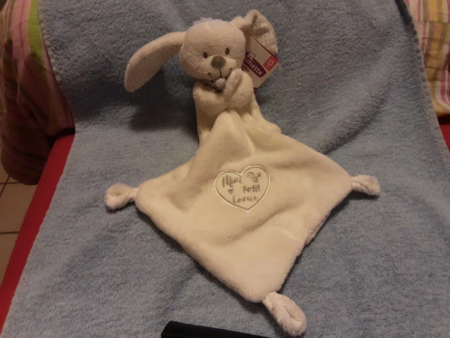 Peluche doudou lapin blanc POMMETTE mouchoir Mon Petit Cœur gris 100% NEUF