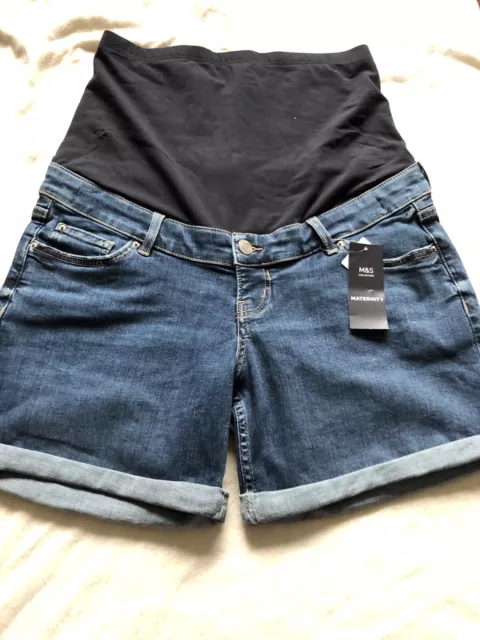 BNWT M&S Ladies Size 12, Blue Denim Over Bump Maternity Shorts With Stretch