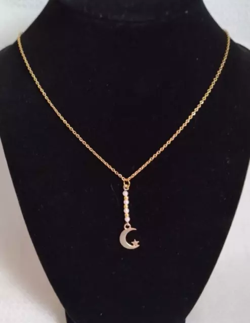 Crescent Moon Necklace Beaded Pendant gold plated stainless steel chain 18 inch