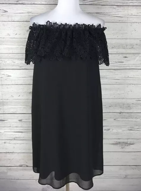 Eliza J Women's Black Ruffle On Off The Shoulder Black Lace Lined Dress Size 2