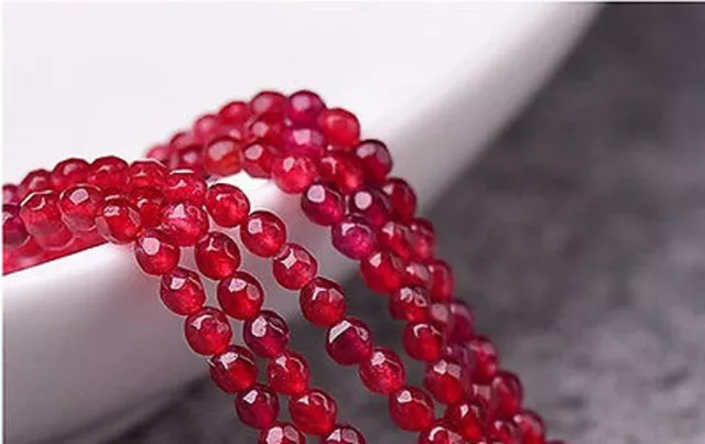 Faceted 4mm Genuine Natural Red Ruby Round Gemstone Loose Beads 15''