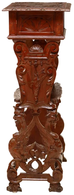 Antique Pedestal, Carved, Plant Stand, Hall, Italian Renaissance Revival, 1800's