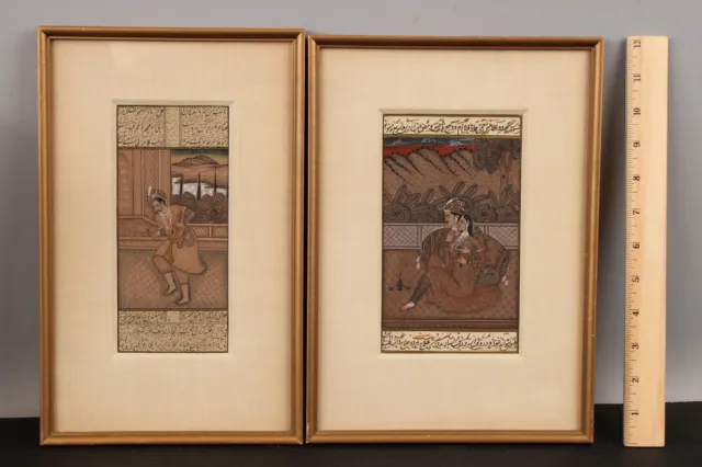 India Mughal Antique Paintings 19thC Gouache Book Pages of King & Queen Royalty