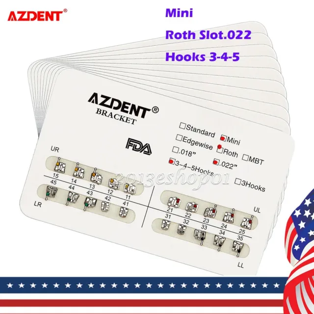 10X AZDENT Dental Orthodontic Metal Brackets Mini Roth Slot.022 Hooks 345 Braces