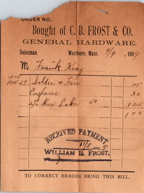 C B Frost & Co Westboro MA 1909 Billhead Receipt