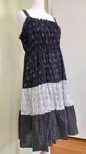 Tiered Cottagecore Boho Black/White Multi-Pattern Floral Dot Midi Dress SZ Large