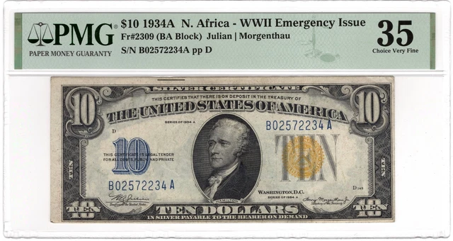 $10 1934-A North Africa WWII Emergency Silver Certificate Fr#2309 PMG Ch VF35