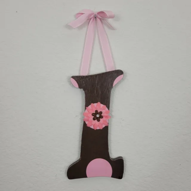 8" I Letter Baby Shower Girls Nursery Pink Brown Flower Wall Wood Hanging Decor