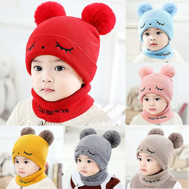 Newborn Kids Baby Boy Girl Pompon Hat Warm Knit Crochet Beanie Cap Scarf 2pc Set