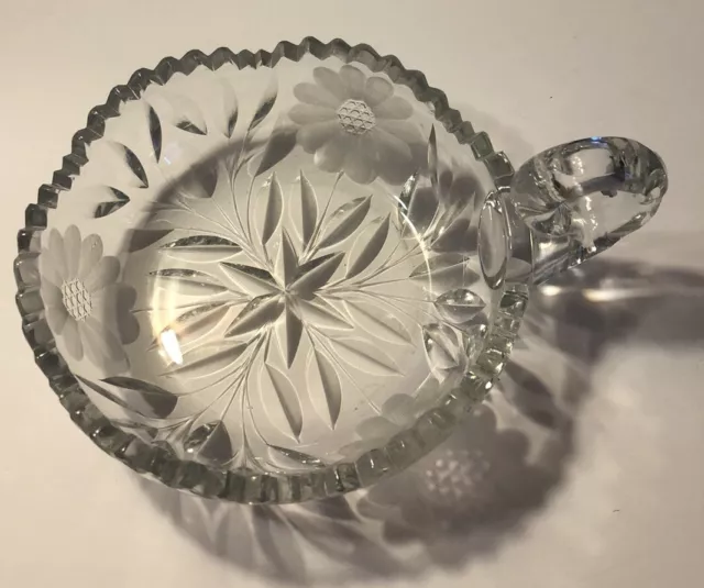 Cut Glass Candy Dish Bowl Nappy One Handle Scalloped Saw Tooth Edge 6” Diam. C25