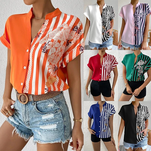 Donna Stampa T-Shirt Donna Casual Scollo A V Tee Camicetta Top Elegante