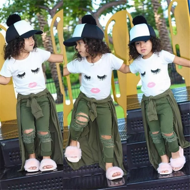 2PCS Toddler Baby Girl Outfits T-shirt Tops+ Hole Pants Kids Clothes Set