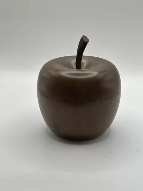 Vintage Hand Turned Wooden Apple Shaped Jewelry /  Trinket Box  With Lid