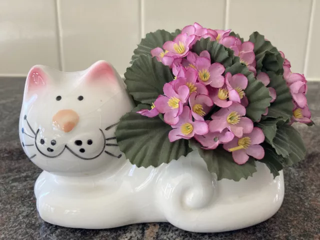 Vintage Smiling White Cat Planter Ceramic Plus Bonus Floral Accents Kitty Meow