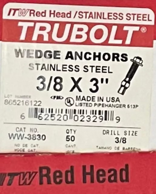 Stainless Steel Wedge Anchors 3/8” By 3” Trubolt Redhead Qty50