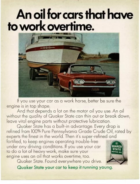 1968 QUAKER STATE Motor Oil red Corvair towing huge boat Vintage Print Ad