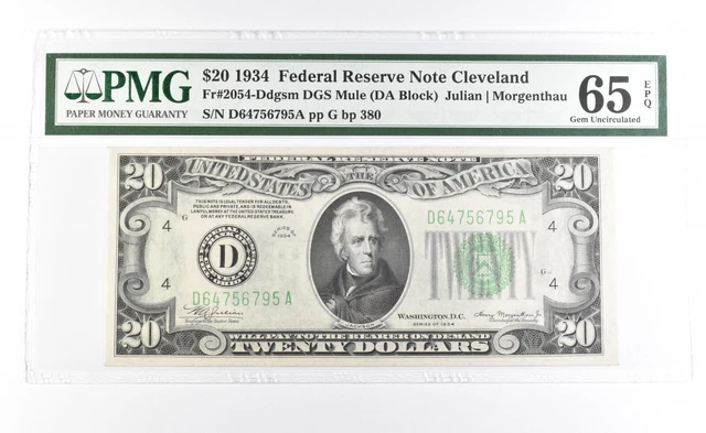 PMG 65 Gem Unc EPQ 1934 $20 Cleveland, OH US FRN Green Seal Fr#2054-Ddgsm *0941