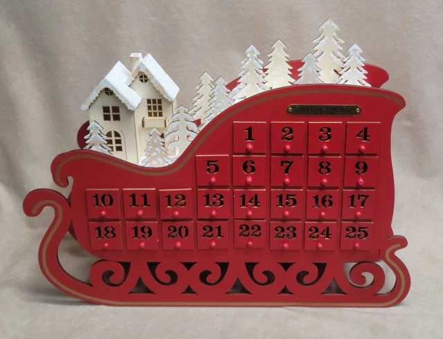 FAO SCHWARZ 2019 Red Tan Wood Light Up Advent Calendar Sleigh # Pull-Out Drawers