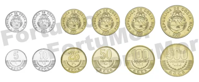 Costa Rica 6 Coins SET, 5 10 25 50 100 500 Colones, UNC, 2001 2008